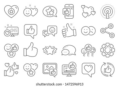 Social media line icons. Set - Share network, Social links and Rating linear icons. Heart, Feedback smile emotion and internet media. Share network, like icon, video content rating and dislike. Vector