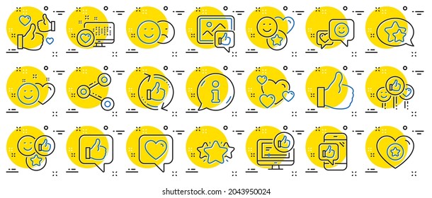 Social media line icons. Set - Share network, Social links and Rating linear icons. Heart, Feedback smile emotion and internet media. Share network, like icon, video content rating and dislike. Vector