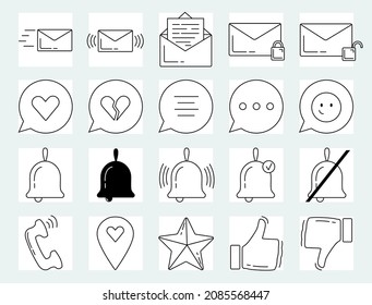 Social media line icons. Set - Share network, Social links and Rating linear icons. Heart, Feedback smile emotion, email and notification. Universal blog icon to use in web and mobile UI