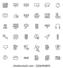 Social media line icons set. linear style symbols collection, outline signs pack. Vlog and blog related vector graphics. Set includes icons as profile page, follower notification, chat comment, stream