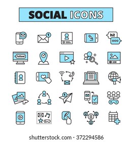 Social media line icons set for internet community email communication and group network share isolated vector illustration