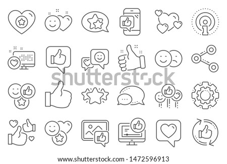 Social media line icons. Set - Share network, Social links and Rating linear icons. Heart, Feedback smile emotion and internet media. Share network, like icon, video content rating and dislike. Vector