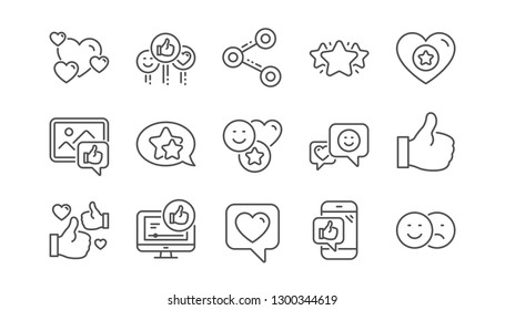Social media line icons. Share network, Like thumbs up and Rating. Feedback smile linear icon set.  Vector