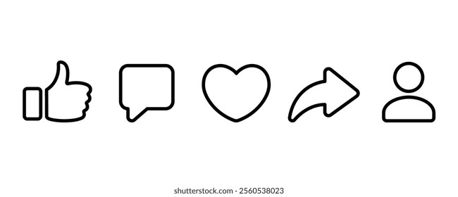 Social media line icons. Thumbs up, Heart, like, share, comment, and repost icon. Vector illustration