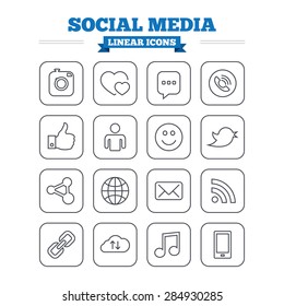 Social media linear icons set. Speech bubble, lovers relationships and human person. Rss, share and mail envelope. Musical note, smartphone and smile. Thin outline signs. Flat square vector