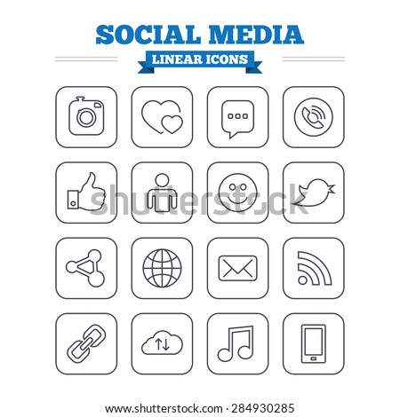 Social media linear icons set. Speech bubble, lovers relationships and human person. Rss, share and mail envelope. Musical note, smartphone and smile. Thin outline signs. Flat square vector