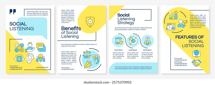 Social media listening blue and yellow brochure template. Brand reputation. Promoting, advertising. Leaflet design with linear icons. Editable 4 vector layouts