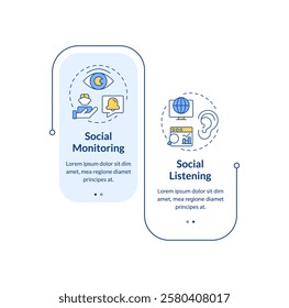 Social media listening methods rectangle infographic vector. Marketing strategy, statistics. Data visualization with 2 steps. Editable rectangular options chart