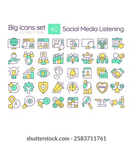 Social media listening RGB color icons set. Customer satisfaction, rating. Marketing research. Brand reputation. Isolated vector illustrations. Simple filled line drawings collection. Editable stroke