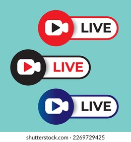 Social media live badge. Style sticker. Streaming and broadcasting icon. Red. blue and black color sign set. Vlog airing sticker. Vector illustration.