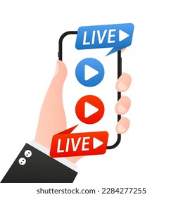 Social media live streaming concept on the smartphone screen. Live symbol, icon, label, sticker template. Concept of social networks. User interface, application. Speech bubble. Vector illustration