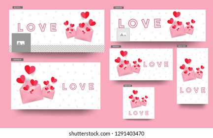 Social media love banner and header set with paper cut heart shapes for valentine's day celebration concept.