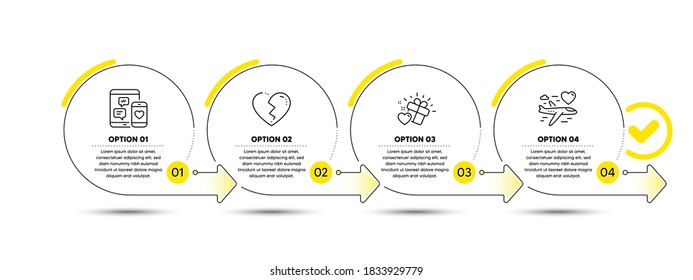 Medios sociales, regalo de amor e íconos de línea de corazón rotos. Información del proceso de línea de tiempo. Signo de viaje de luna de miel. Dispositivos móviles, Corazón, Fin del Amor. Juego de amor. Banner de la línea de tiempo de infografías. Vector