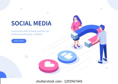 Social media magnet concept. Can use for web banner, infographics, hero images. Flat isometric vector illustration isolated on white background.