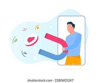 Social Media Magnet concept. Man magnetizing social media icons. Boost likes, shares, and favorites with social media marketing strategy. Illustration for digital advertising on white background