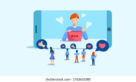 Social media male influencer marketing, type of promotion and advertisement. A man showing a product with audiences or customers who love and like, vector illustration