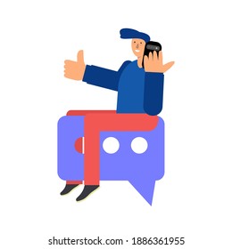 Hombre de medios sociales con diseño de burbujas, comunicación multimedia y tema digital Ilustración vectorial aislada en fondo blanco.  Concepto de tendencia plana, armas grandes, para banner web, sitio web, presentación.