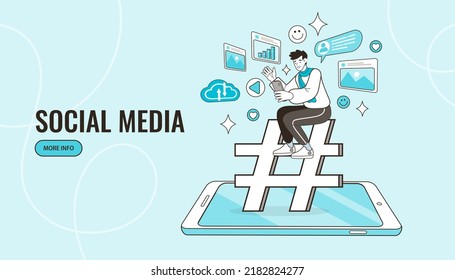 Social media. Man cartoon character sitting on a hashtag icon. men using mobiles for online communication. flat style. Sharing posts in social networks. Share concept. vector outline illustration.