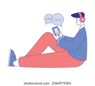 Social Media with Man Character Sitting with Tablet and Headphones Vector Illustration