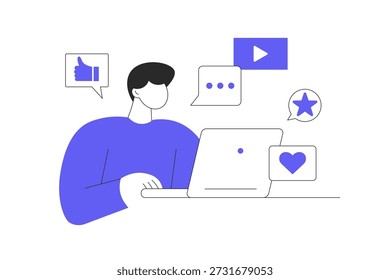 Social media. Man creates content, posts, communicates with followers, collects likes and promotes. Flat Cartoon Vector Illustration, icon Stylish abstract design landing page web