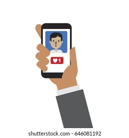Social media man photo like. Hand holding smartphone. Flat design.