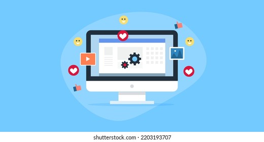 Gestión de medios sociales, aplicación de medios sociales, publicación, me gusta, compartir, marketing digital - diseño plano ilustración vectorial fondo