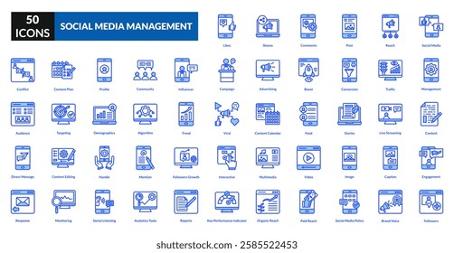 Social media management blue icon collection set. Includes content, engagement, analytics, posting, likes, followers, scheduling, hashtag, comments, strategy, dashboard, branding, reach, insights