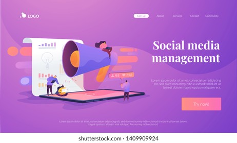 Social media management, company SMM strategy, digital marketing tool concept. Website homepage header landing web page template.