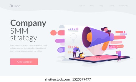 Social Media Management, Company SMM Strategy, Digital Marketing Tool Concept. Website Homepage Header Landing Web Page Template.