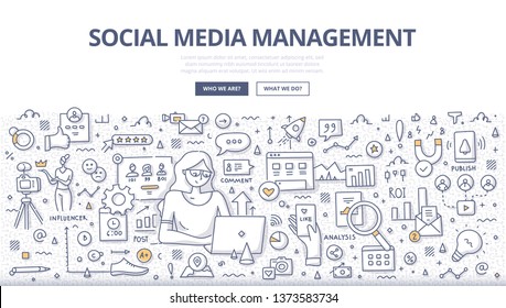 Social media management concept. Businesswoman scheduling & publish posts, analyzing results, optimize performance, responding on comments, measuring ROI, reaching new customers online. SMM