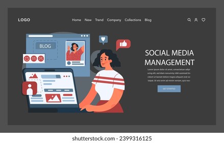 Social Media Management concept. A digital marketer engages with online community through blog and social platforms. Optimizing social presence and interaction. Flat vector illustration