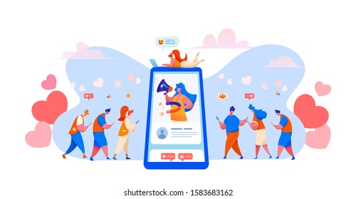 Social media management concept with girl holding megaphone and magnet attracting visitors with likes, emoji to blog social page. Blogging management customer acquisition. Vector users with smartphone