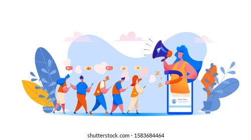 Social media management concept with girl holding megaphone and magnet attracting visitors with likes, emoji to blog social page. Blogging management customer acquisition. Vector users with smartphone