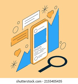 Social media management concept isometric illustration. Smartphone with going up graph, hearts, chat bubbles and magnifier. Increasing amount of followers and likes concept.