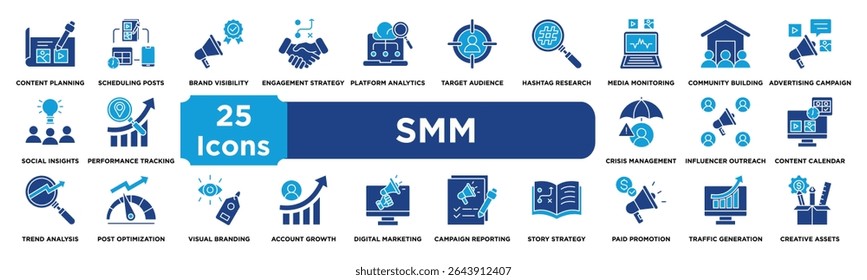 Social Media Management icon collection set. Containing content planning,scheduling posts,brand visibility,engagement strategy,platform analytics,target audience icon. dual tone vector.