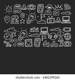 Social media, management, internet marketing icons. Pattern with business illustration. Start up, digital marketing.