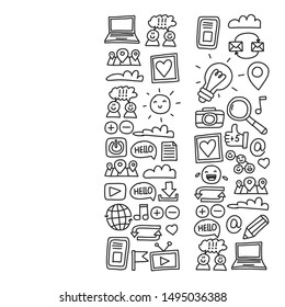Social media, management, internet marketing icons. Pattern with business illustration. Start up, digital marketing.