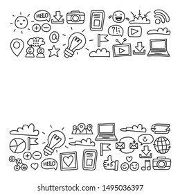 Social media, management, internet marketing icons. Pattern with business illustration. Start up, digital marketing.