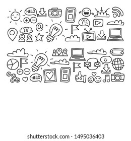Social media, management, internet marketing icons. Pattern with business illustration. Start up, digital marketing.
