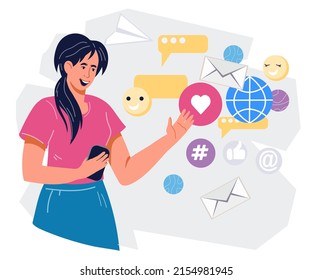 Social media management and internet marketing strategy concept. SMM Social media manager or influencer creating content, flat vector illustration isolated on white background.