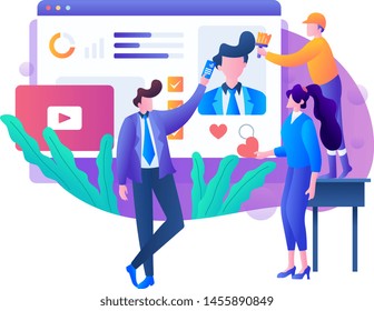 Social media Management marketing concept with characters. Can be used for web banner, infographics, hero images. Flat isometric vector illustration isolated on white background.