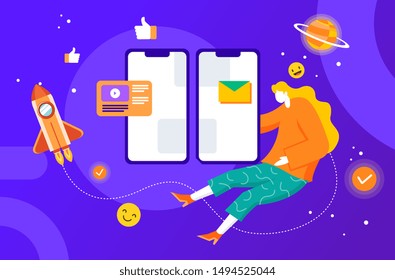 Social media Management marketing concept with characters. Flat isometric vector illustration isolated on white background.