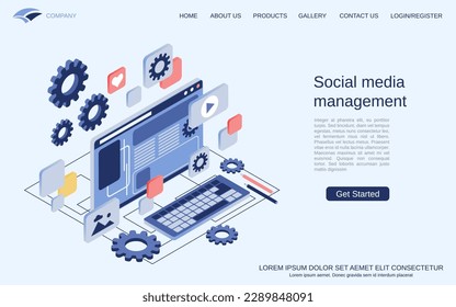 Social media management modern 3d isometric vector concept illustration. Landing page design template