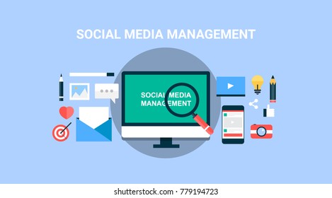 Social media management, Social network, Engagement flat vector concept with icons