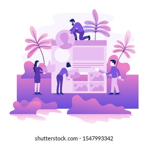 Social media management and promotion. Small people working team and social network interface on natural abstract background - vector concept