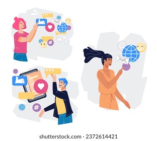 Social media management and strategies for success, flat vector illustration isolated on white background. Digital advertising, social media marketing.