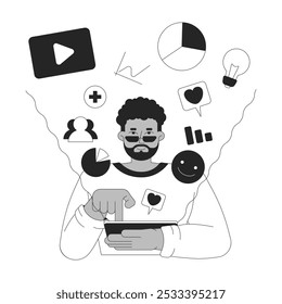 Conceito de ilustração 2D em preto e branco do gerenciador de mídias sociais. SMM gerenciando presença online com caractere de contorno de tablet isolado. Marketing digital publicidade metáfora monocromática vetor arte