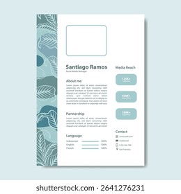 Social Media Manager CV Resume, includes contact information, resume summary or objective, work experience, education, and skills