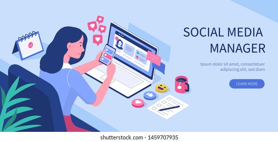 Social Media Manager Or Influencer At Work.  Flat  Vector Illustration Isolated On White Background.