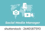Social media manager working with different multimedia devices like camera, microphone and video. Logo representing social media and multimedia sharing around the world.